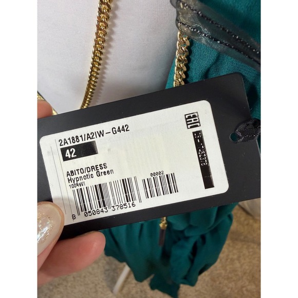 Patrizia Pepe Sera‎ Hypnotic Green Open Back Gold Chain High-Low Dress IT 42 NEW - Picture 11 of 13